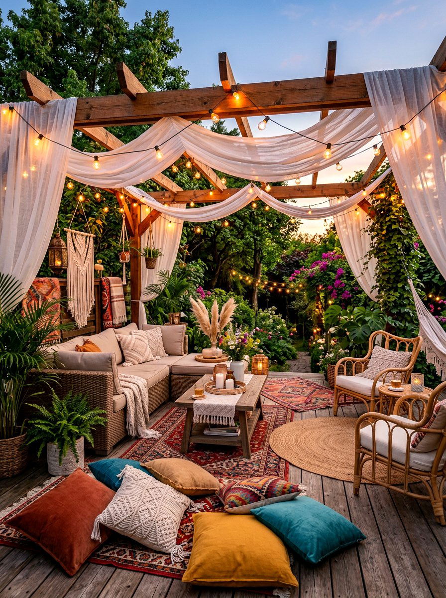 Boho Pergola Deck - 30 covered deck dining ideas