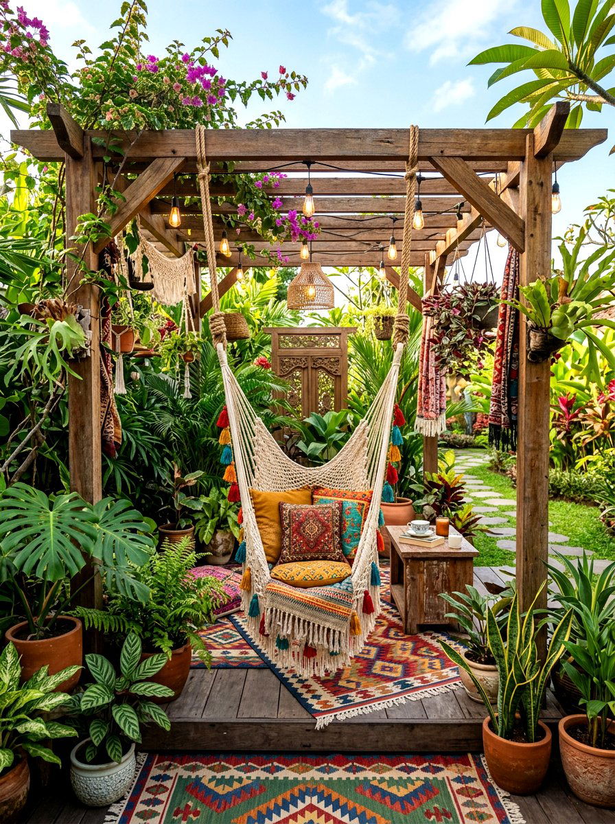 Boho Pergola Swing - 30 pergola with swings ideas