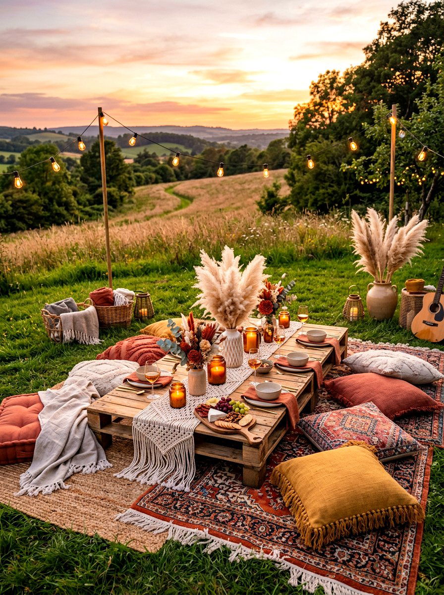 Boho Picnic Floor Table - 30 garden party tablescape ideas