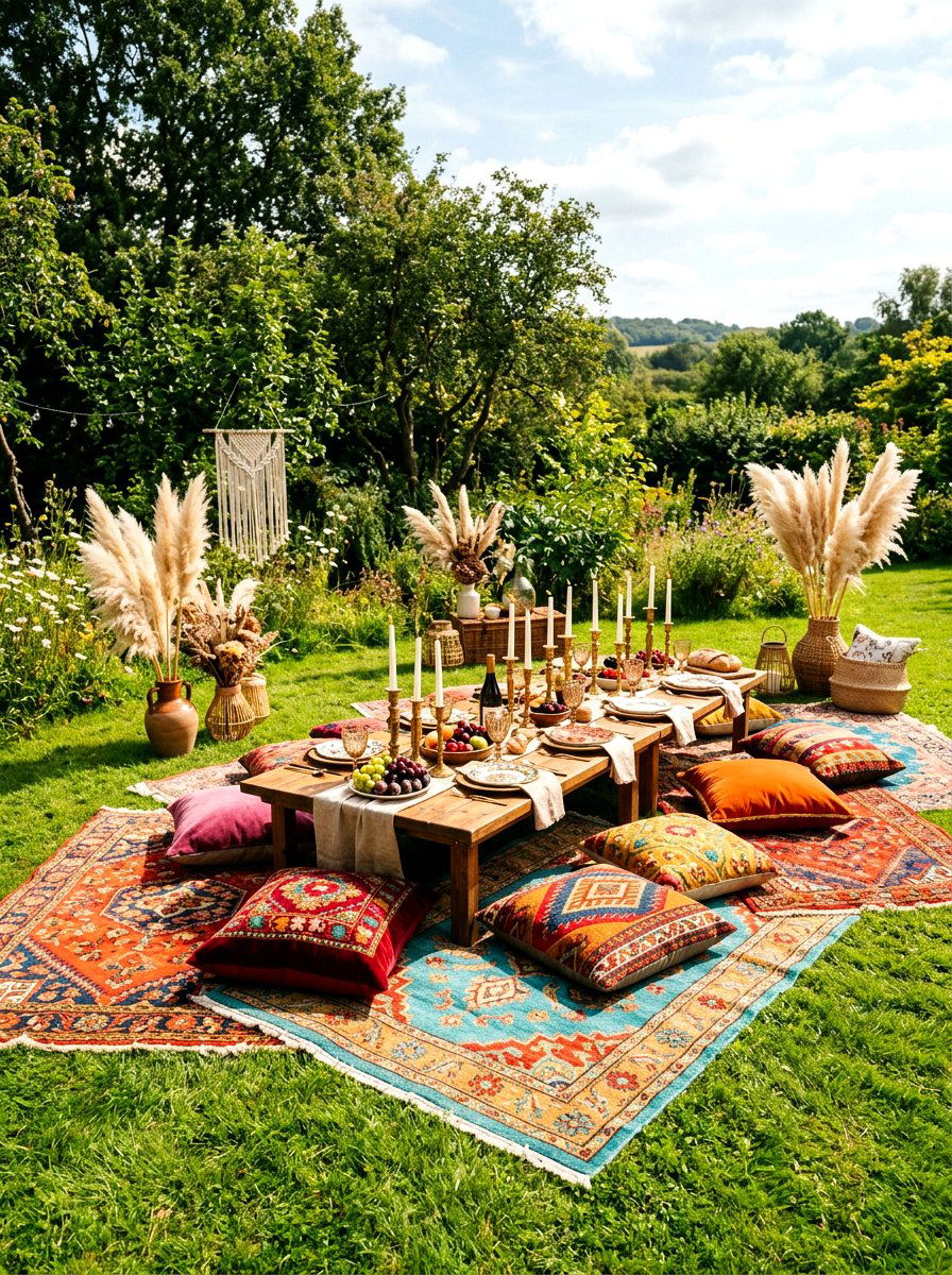 Boho Picnic Setup - 30 backyard candlelight dinner ideas