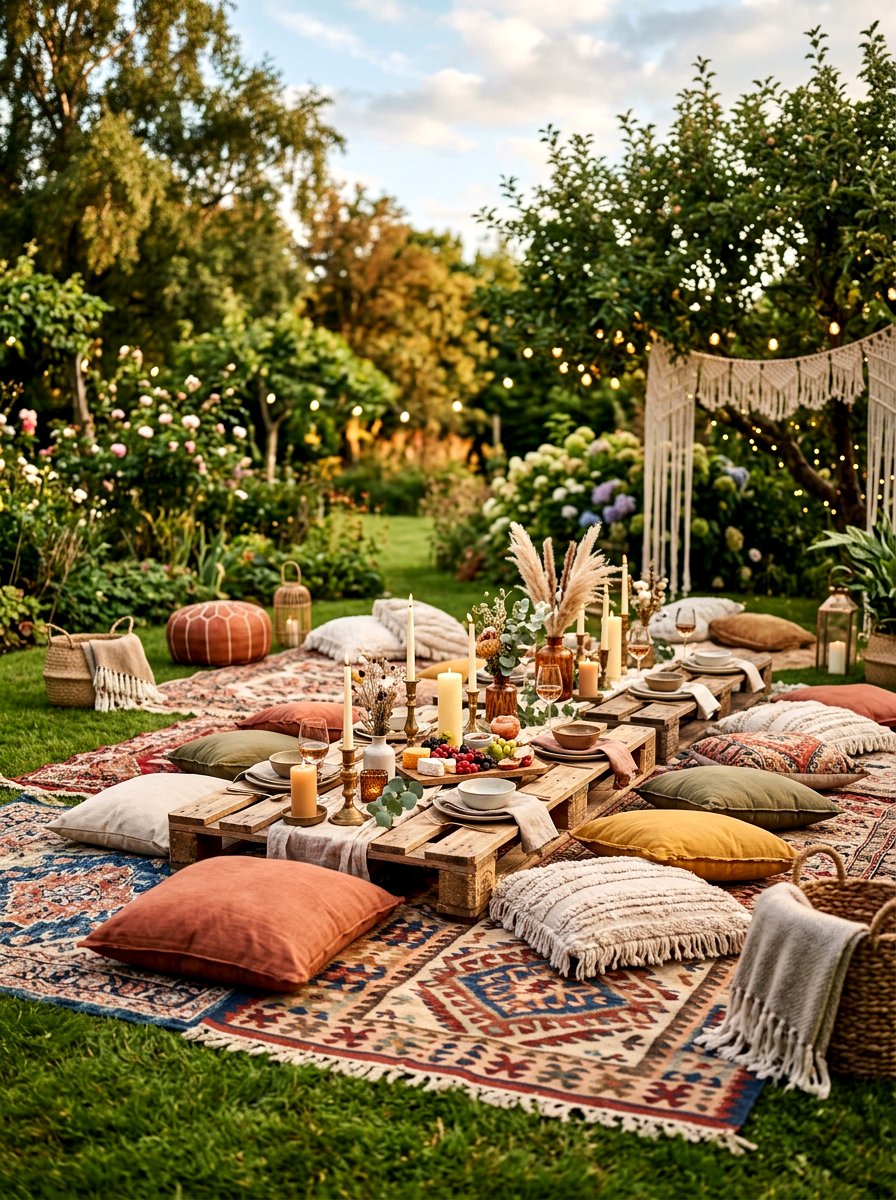 Boho Picnic Style Ground Seating - 30 backyard entertaining zone ideas
