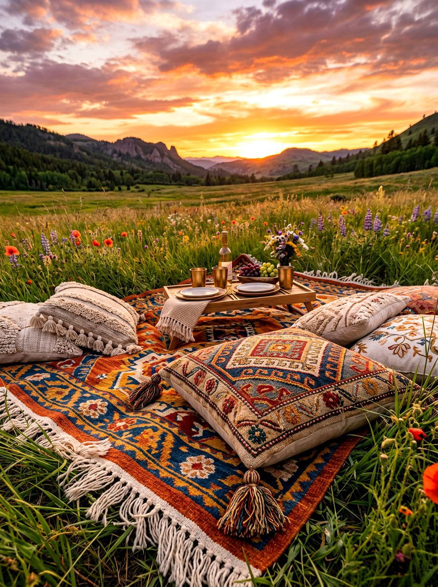 Boho Picnic With Floor Pillows - 30 picnic blanket corner ideas