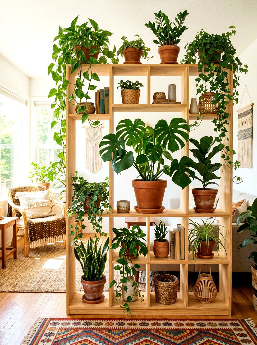 Boho Plant Shelf Partition - 30 bookshelf divider apartment ideas