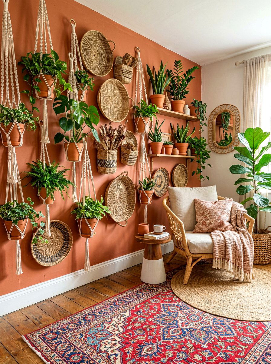 Boho Plant Wall Decor - 30 living room plant wall ideas