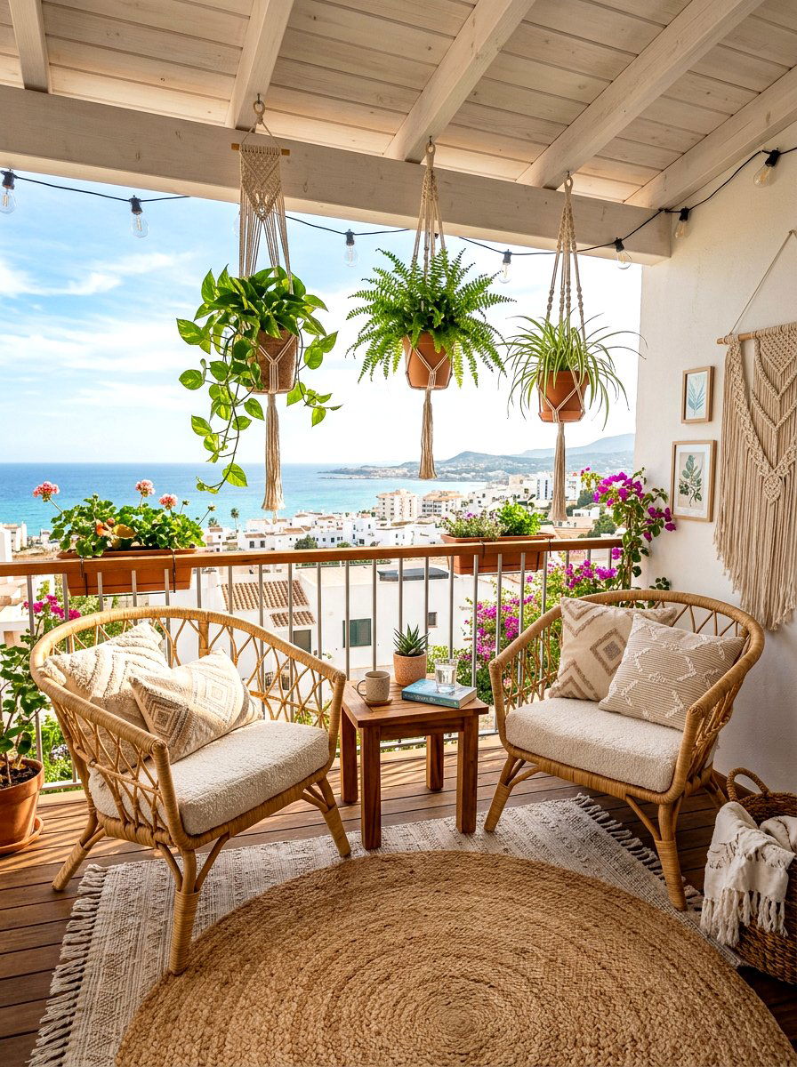 Boho Rattan Balcony - 30 outdoor breakfast nook ideas