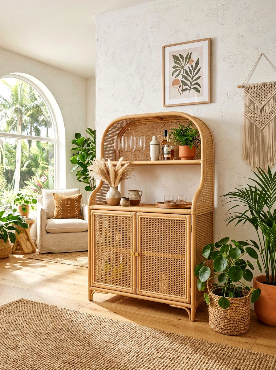 Boho Rattan Bar Cabinet - 30 cocktail corner ideas