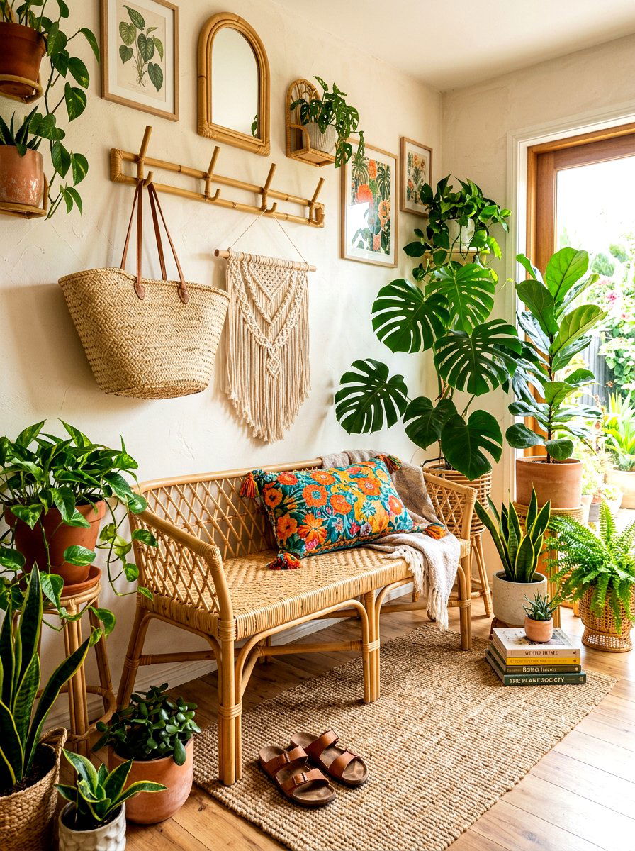 Boho Rattan Bench With Bamboo Hooks - 30 entry bench and hooks ideas