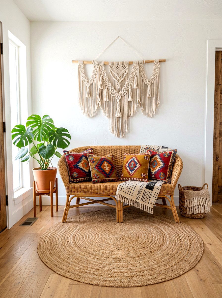 Boho Rattan Bench - 30 front porch bench ideas