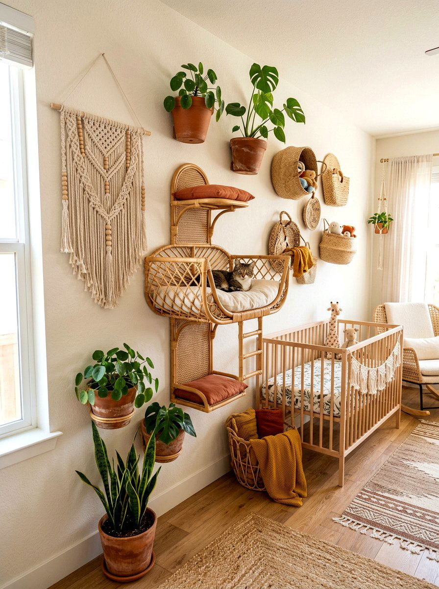 Boho Rattan Cat Wall Bed Display - 30 cat shelf wall ideas