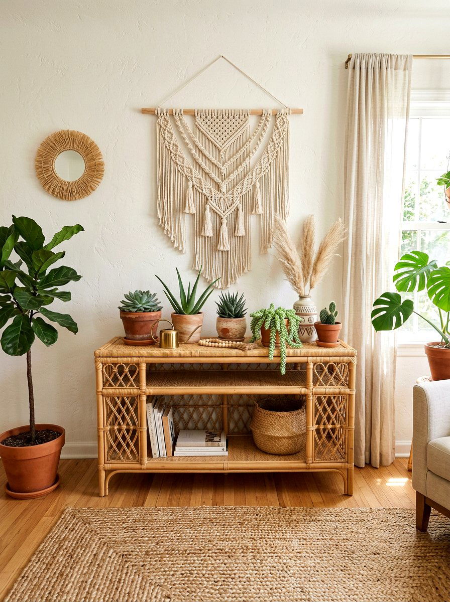 Boho Rattan Console Table - 30 console table entry ideas