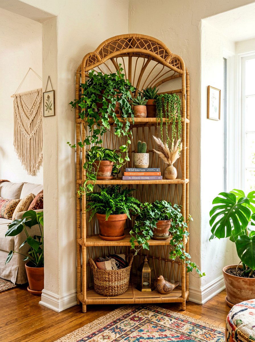 Boho Rattan Corner Shelf - 30 living room corner shelf ideas