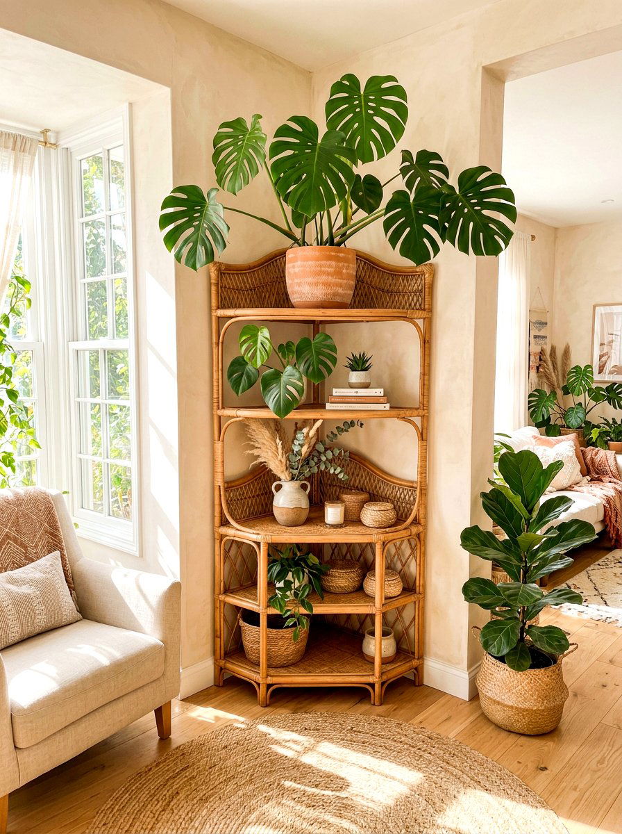 Boho Rattan Corner Shelf - 30 corner bookshelf ideas