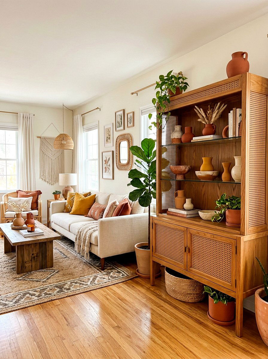 Boho Rattan Detail Hutch - 30 china hutch styling ideas