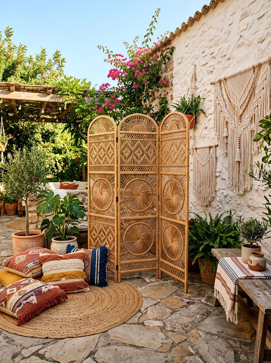 Boho Rattan Divider - 30 outdoor changing room ideas
