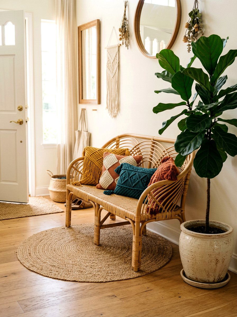 Boho Rattan Entryway Bench - 30 entryway bench ideas