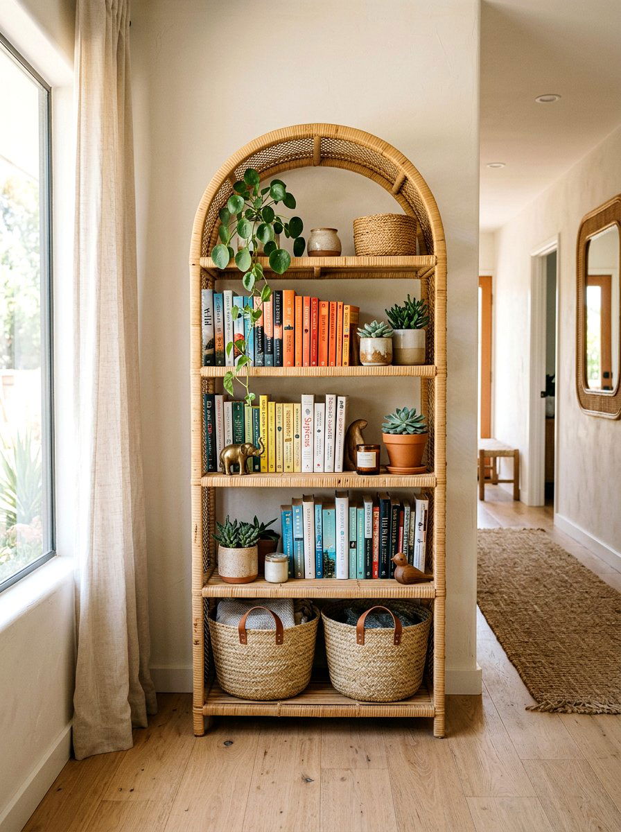 Boho Rattan Hallway Bookshelf - 30 hallway bookshelf ideas