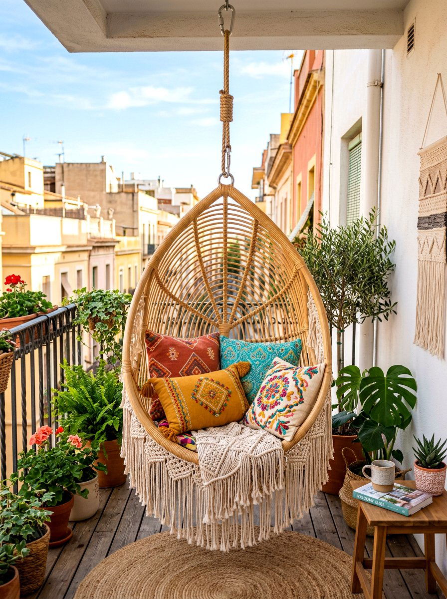 Boho Rattan Hanging Chair - 30 front porch swing ideas