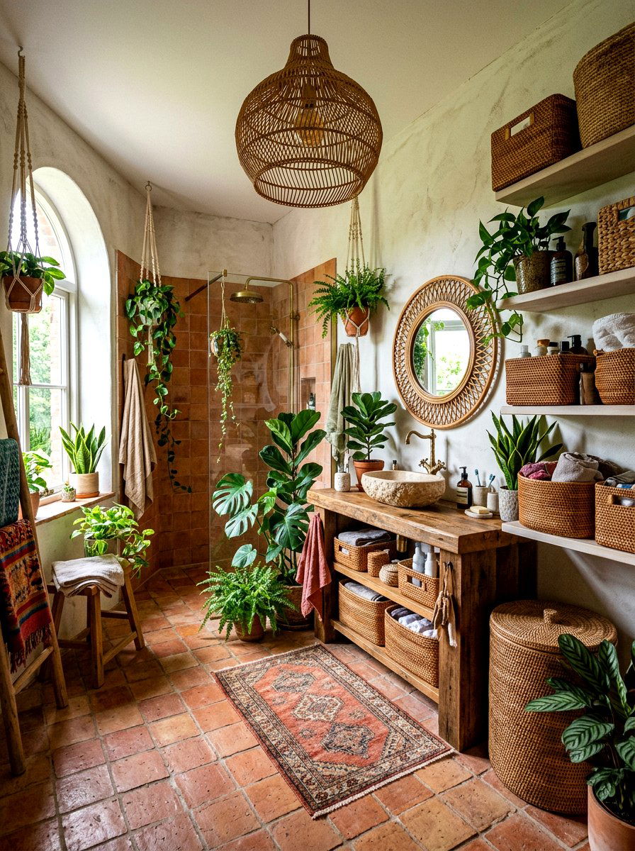 Boho Rattan Organic Modern Bathroom - 30 organic modern bathroom ideas