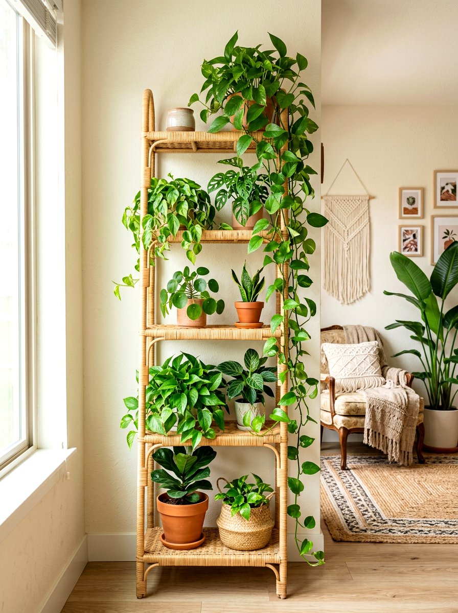Boho Rattan Plant Ladder - 30 ladder planter ideas