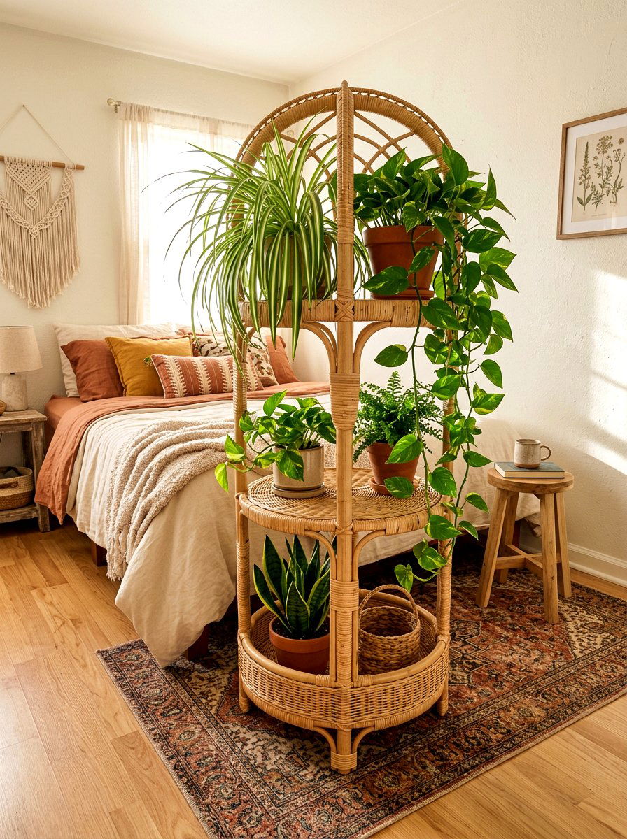 Boho Rattan Plant Stand - 30 vertical garden shelf ideas