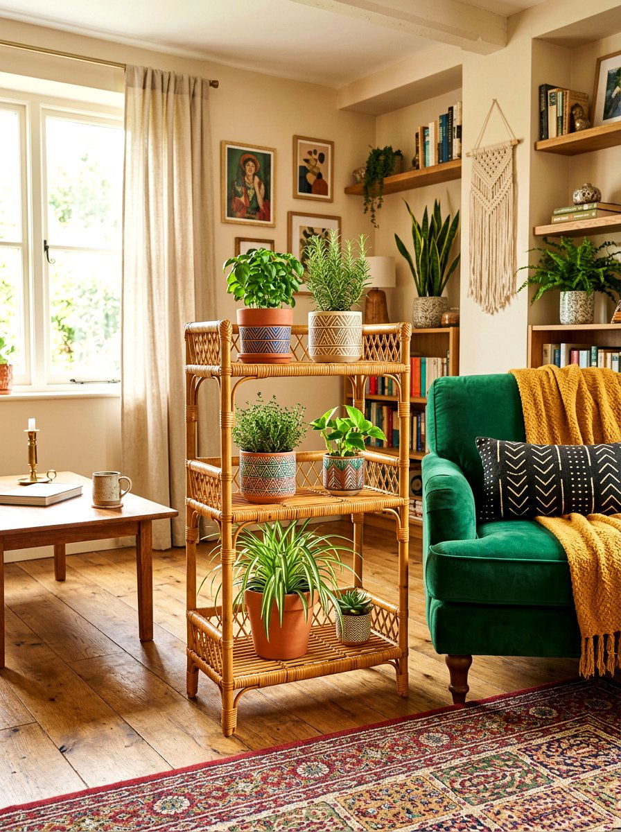 Boho Rattan Plant Stand - 30 indoor herb garden ideas