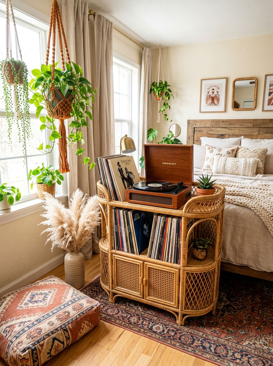 Boho Rattan Record Player Stand - 30 vinyl listening corner ideas
