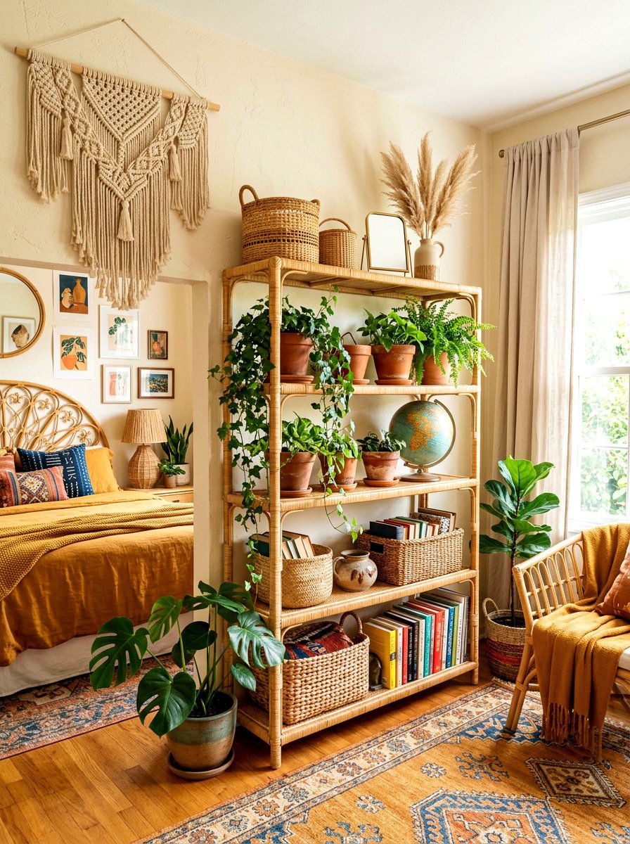 Boho Rattan Shelf - 30 seasonal shelf decor ideas