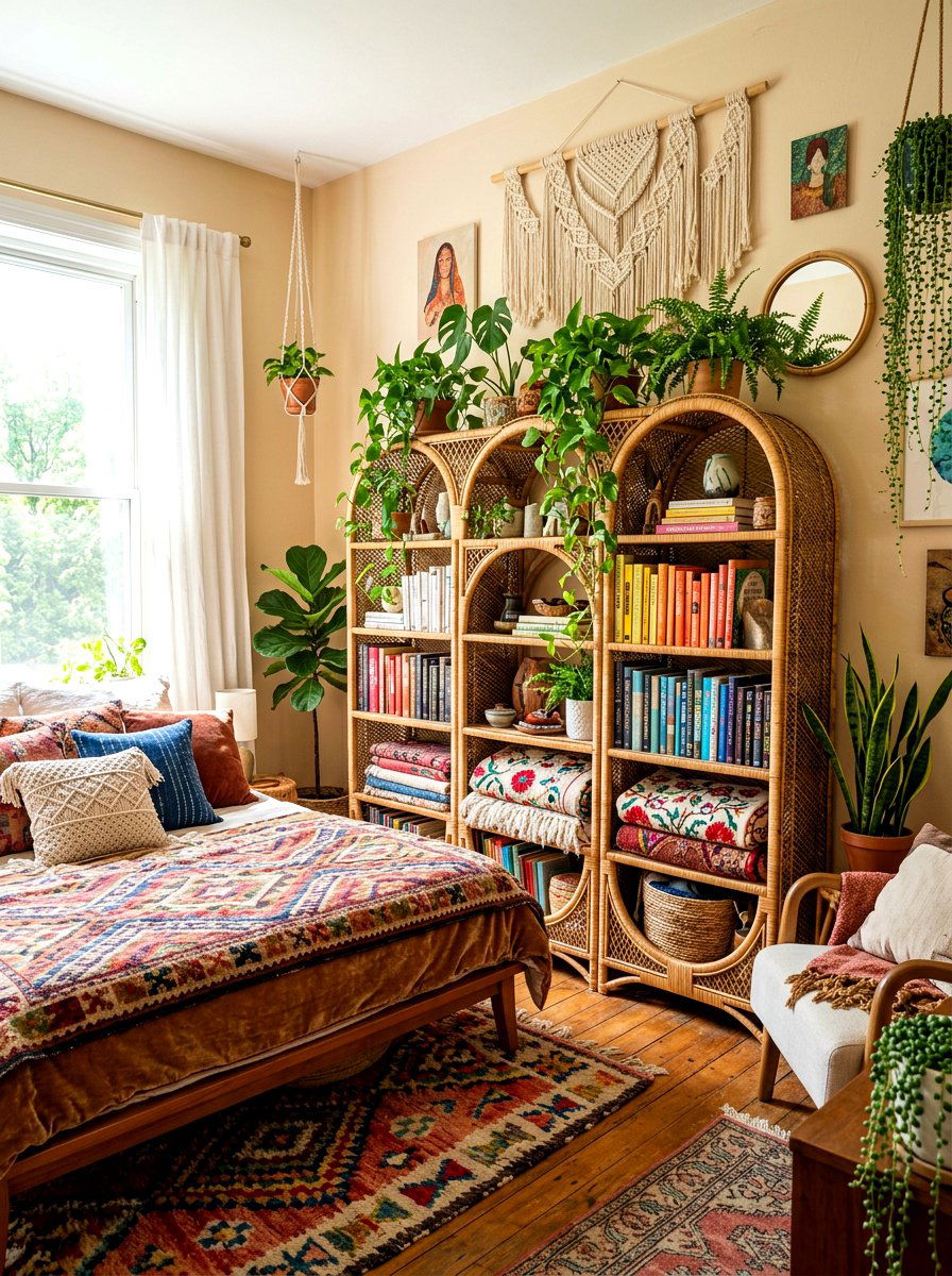Boho Rattan Shelf - 30 real bookshelf decor ideas