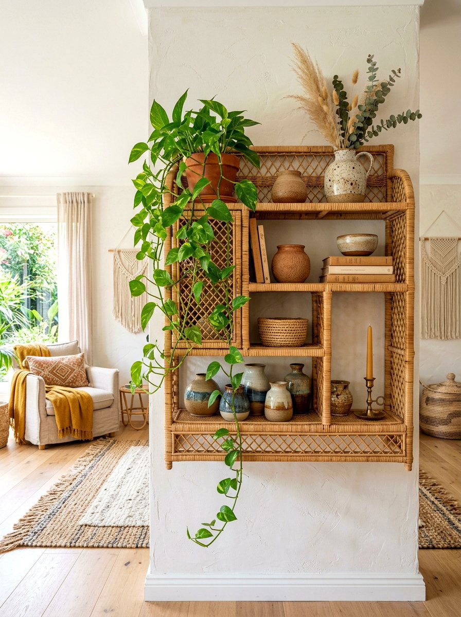 Boho Rattan Shelf - 30 tea shelf styling ideas