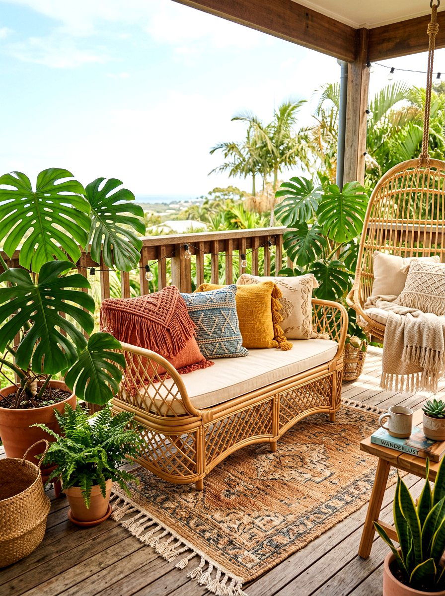 Boho Rattan Storage Bench - 30 outdoor storage bench ideas