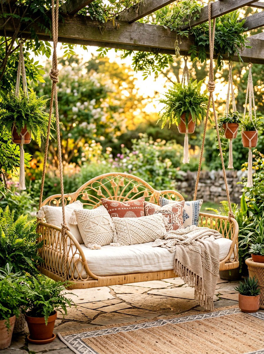 Boho Rattan Swing Bed - 30 porch daybed swing ideas
