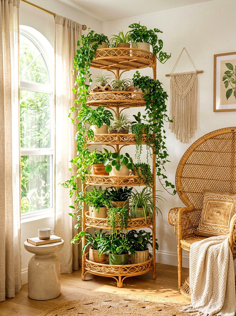 Boho Rattan Tiered Stand - 30 tiered planter ideas