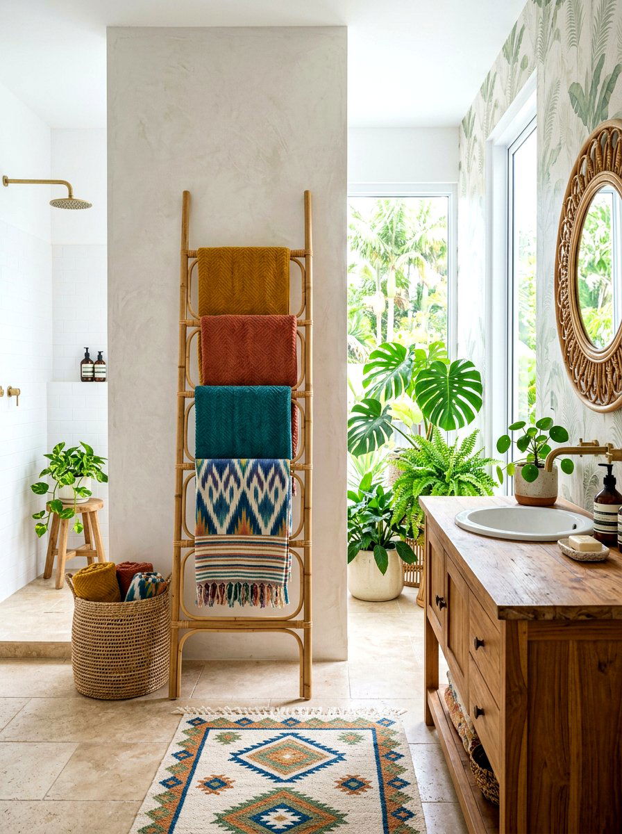 Boho Rattan Towel Ladder - 30 towel ladder ideas