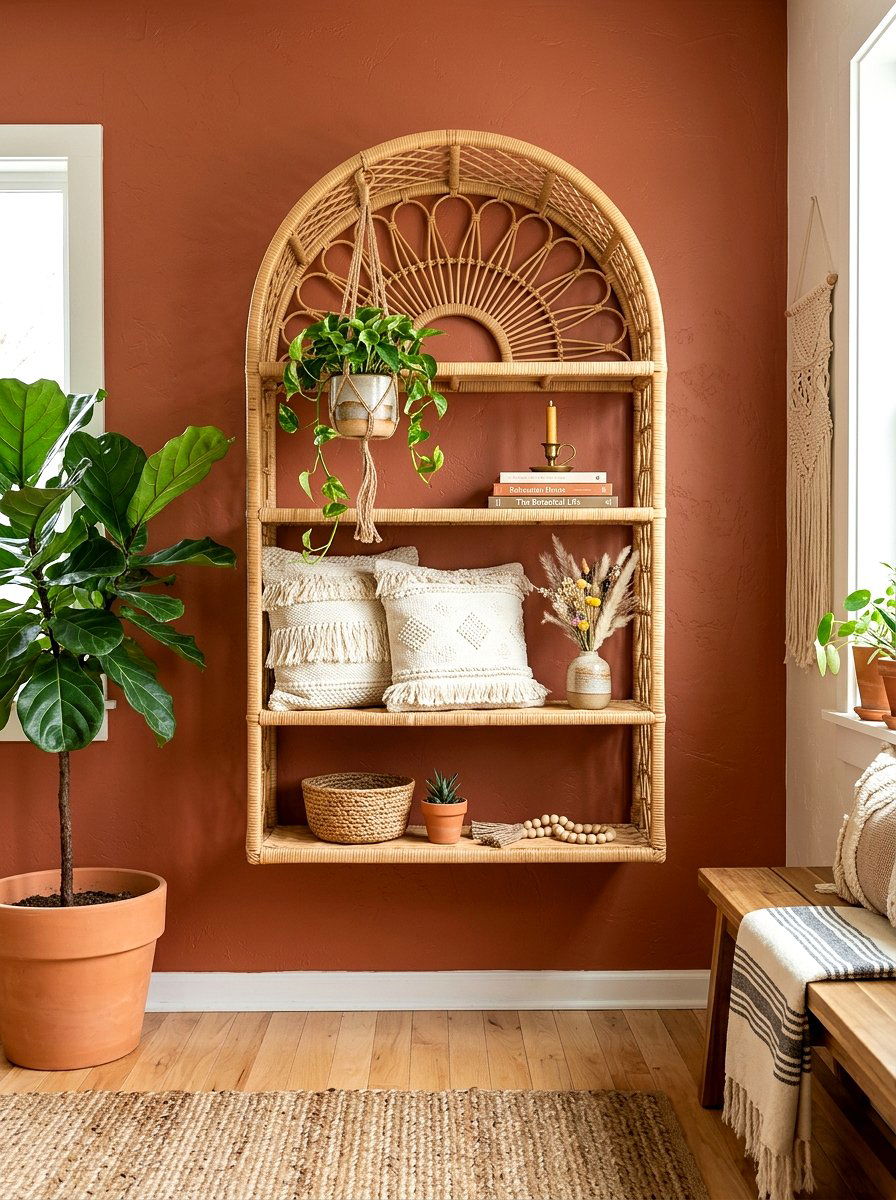 Boho Rattan Wall Shelf - 30 wall mounted nightstand ideas