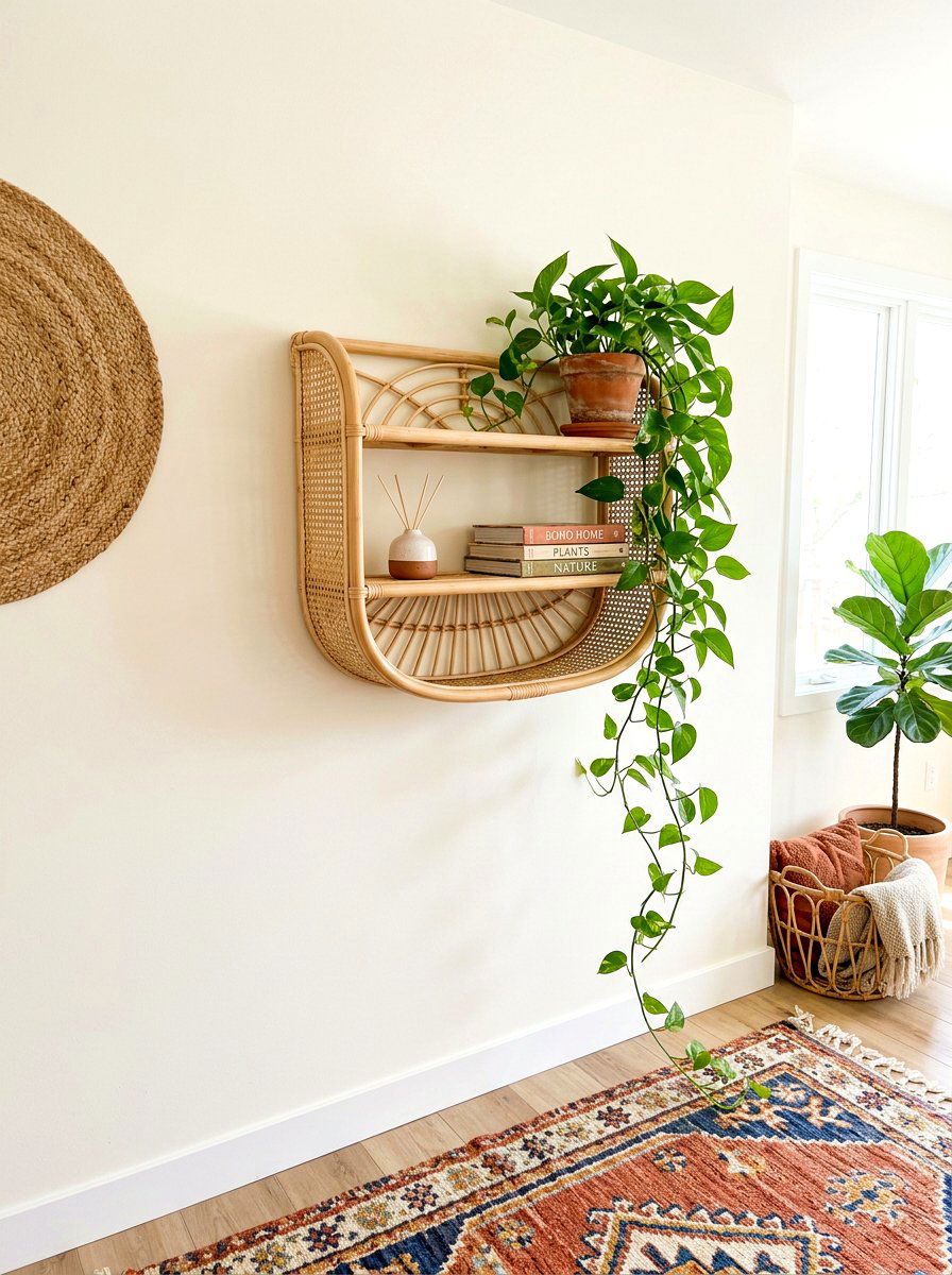 Boho Rattan Wall Shelf - 30 wall mounted entry shelf ideas aesthetic