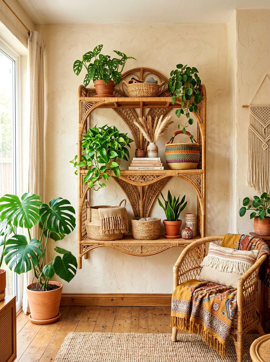Boho Rattan Wall Shelf - 30 bedroom plant shelf ideas