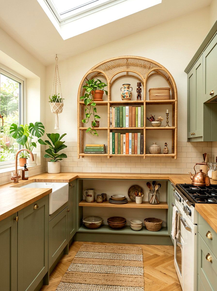 Boho Rattan Wall Shelves - 30 vintage kitchen shelf ideas