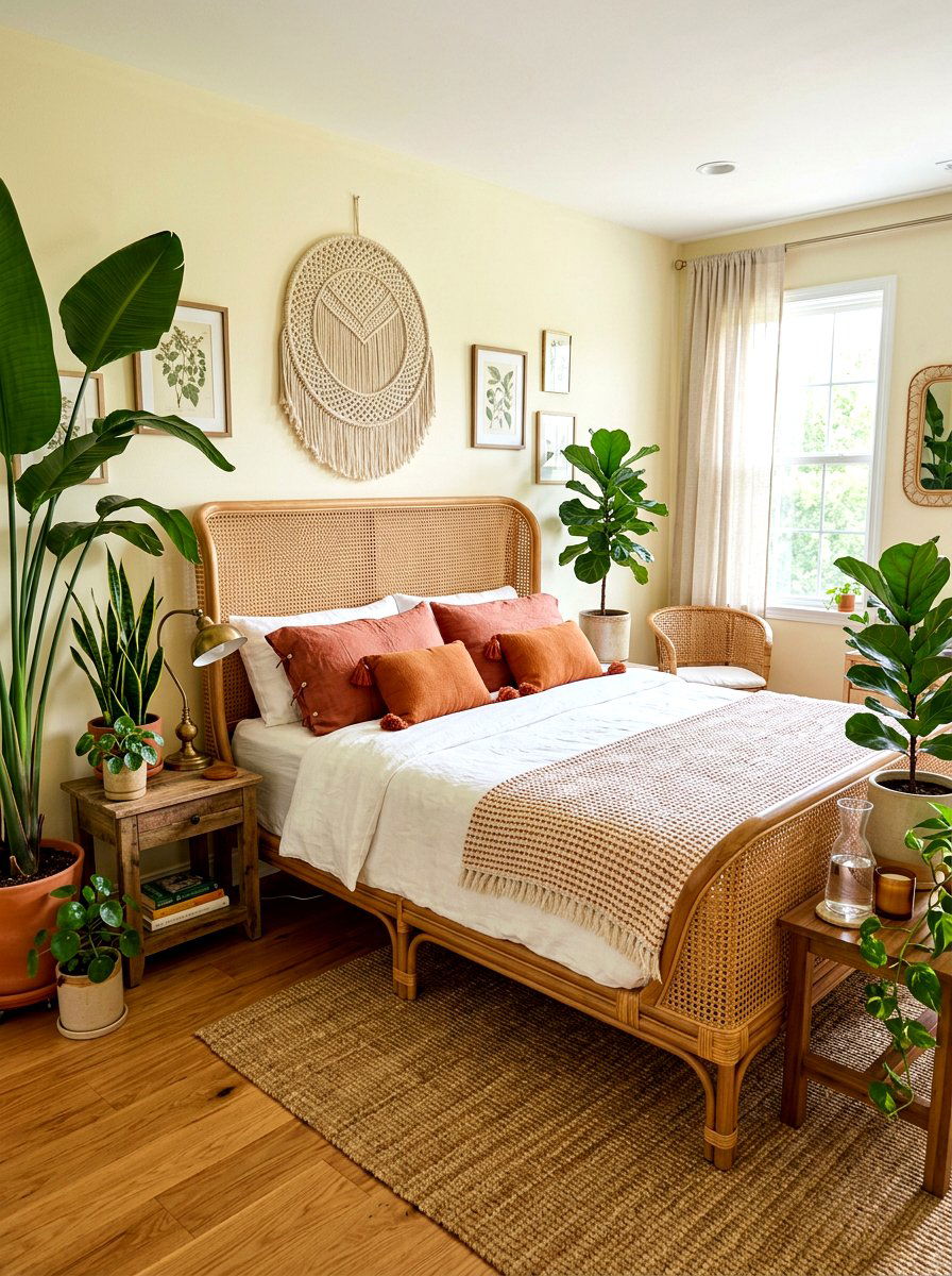 Boho Rattan Wood Bed - 30 wood bed frame ideas