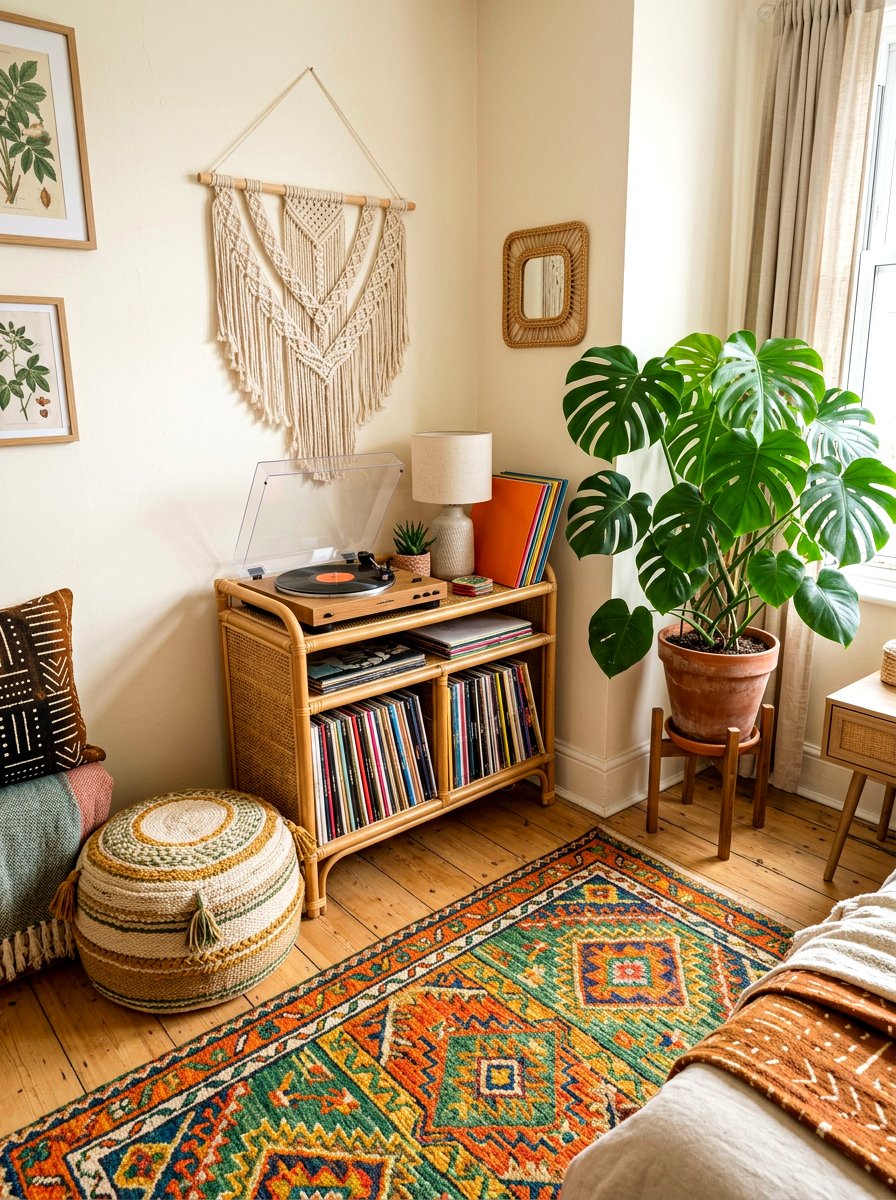 Boho Record Player Nook - 30 record player corner ideas