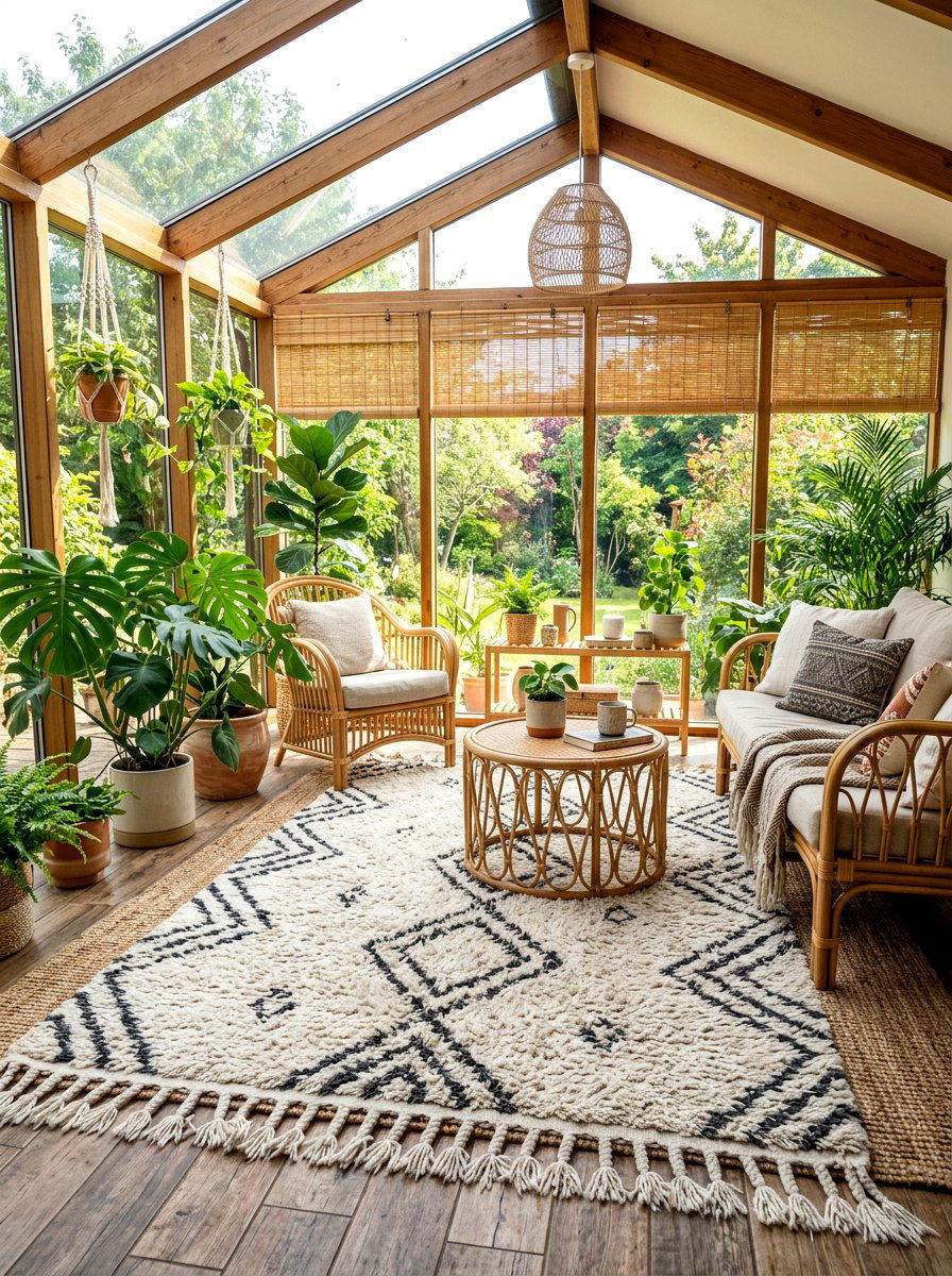 Boho Rug On Neutral Base - 30 layered rug ideas