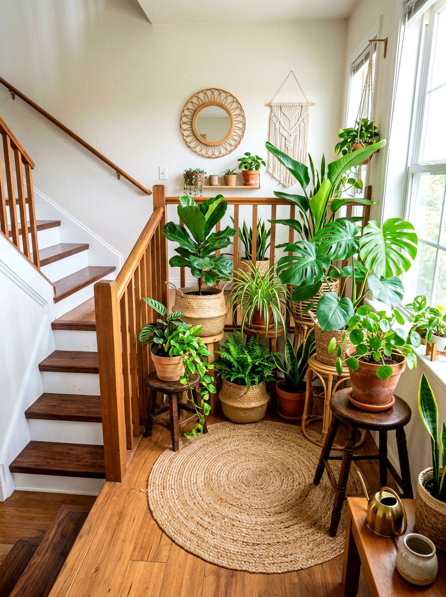 Boho Stair Landing Jungle - 30 stair landing plant nook ideas
