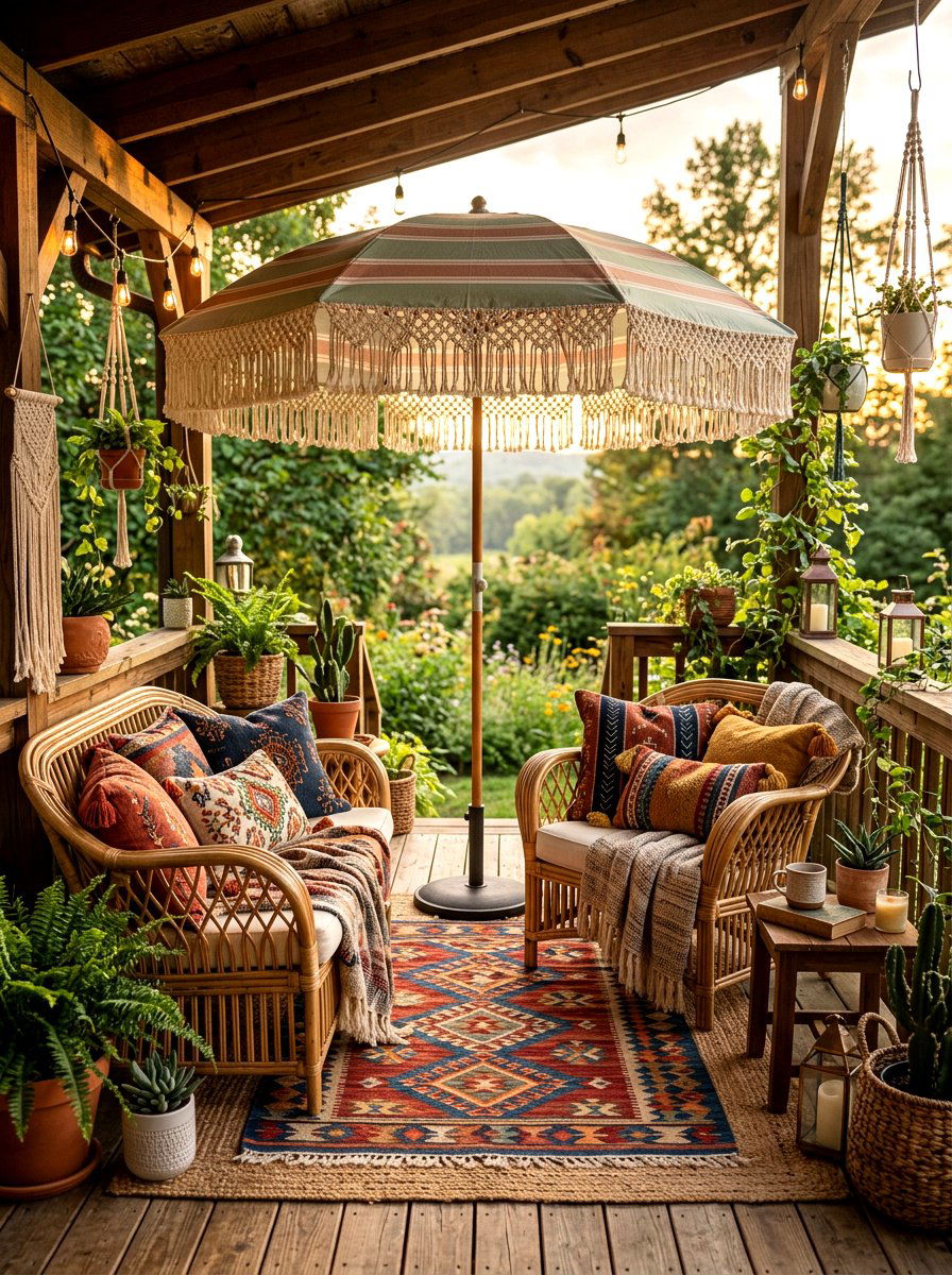 Boho Striped Umbrella - 30 striped porch umbrella ideas