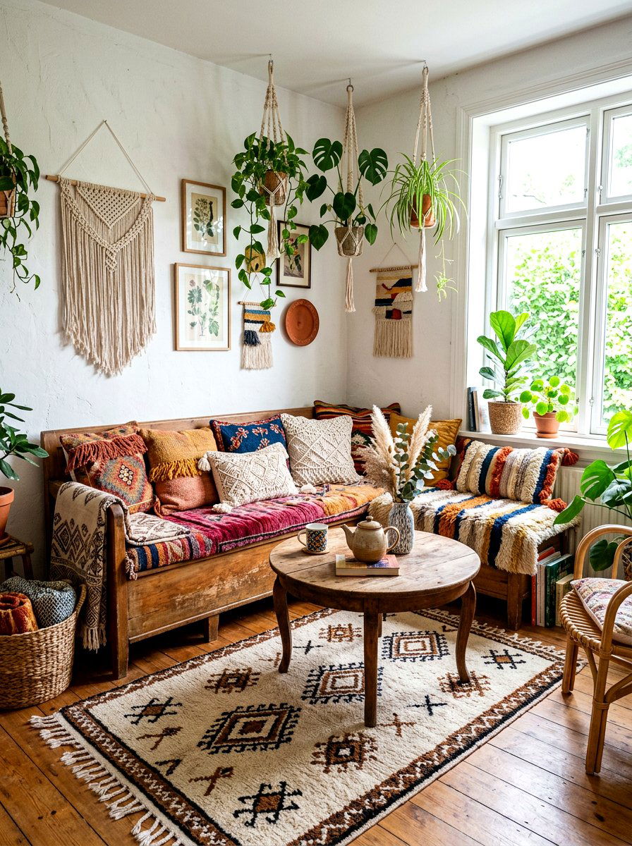 Boho Style Banquette - 30 banquette dining room aesthetic ideas