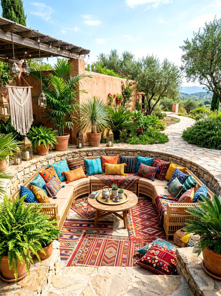 Boho Style Conversation Pit - 30 conversation pit backyard ideas