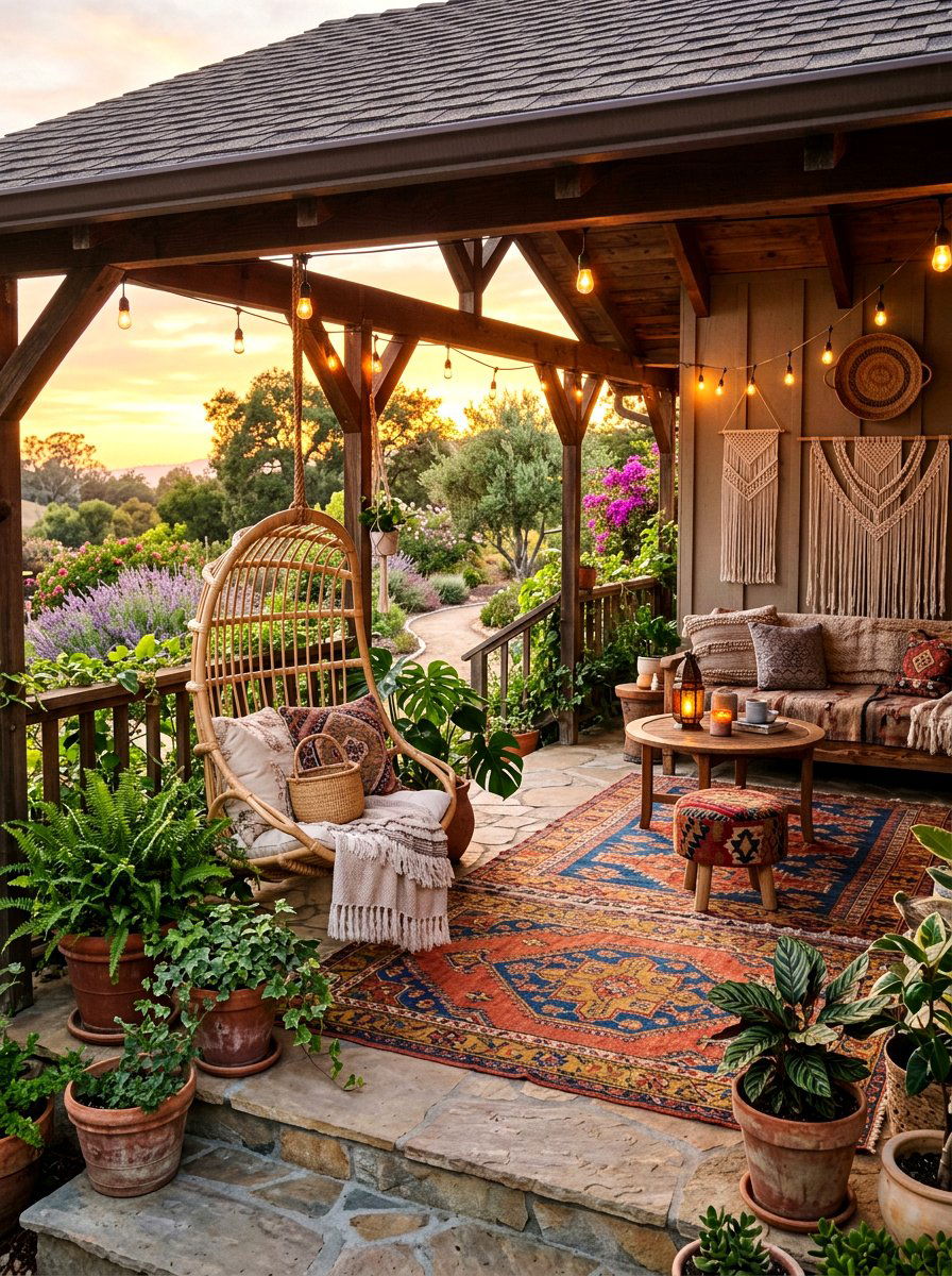 Boho Style Covered Porch - 30 covered front porch ideas