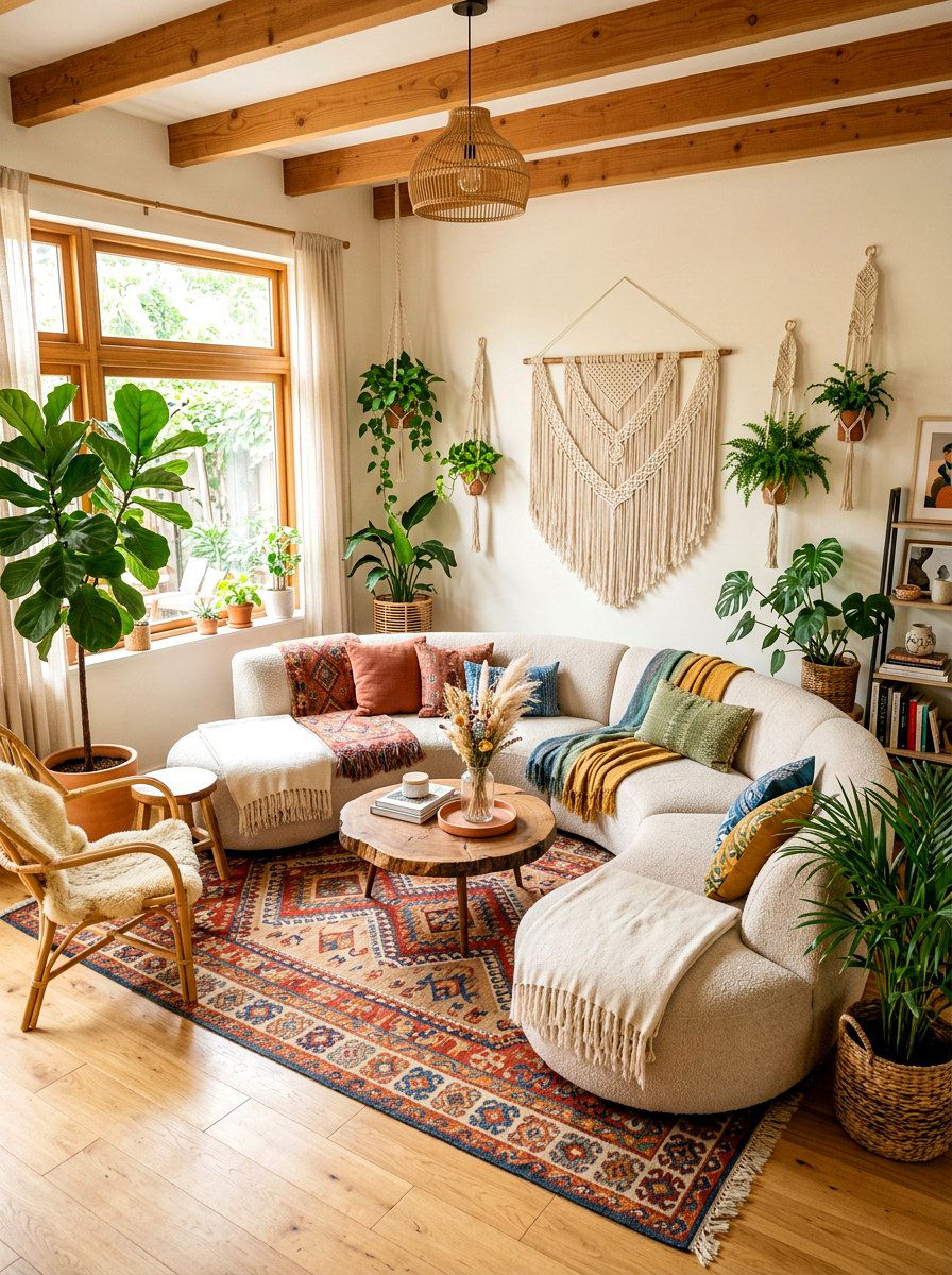 Boho Style Curved Sectional Living Room - 30 curved sectional living room ideas