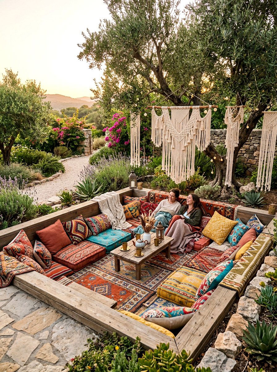 Boho Style Cushion Seating - 30 backyard conversation pit ideas