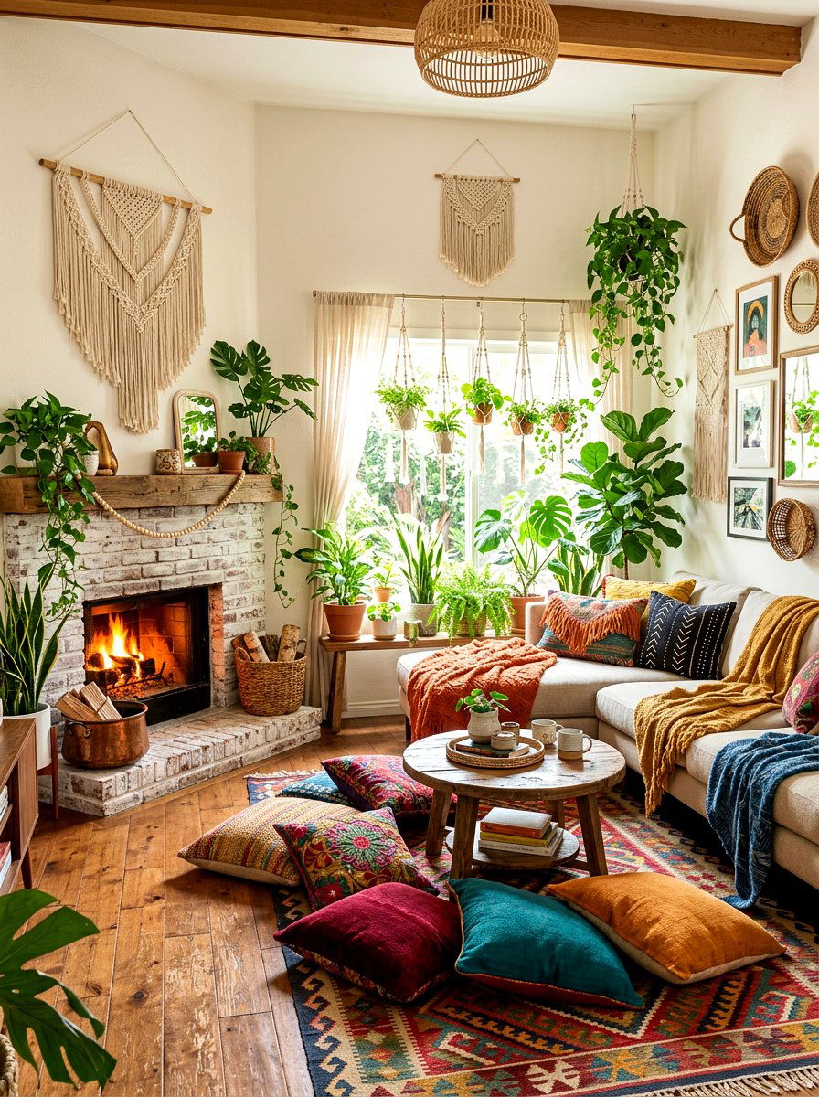 Boho Style Decor With Fireplace - 30 corner fireplace ideas