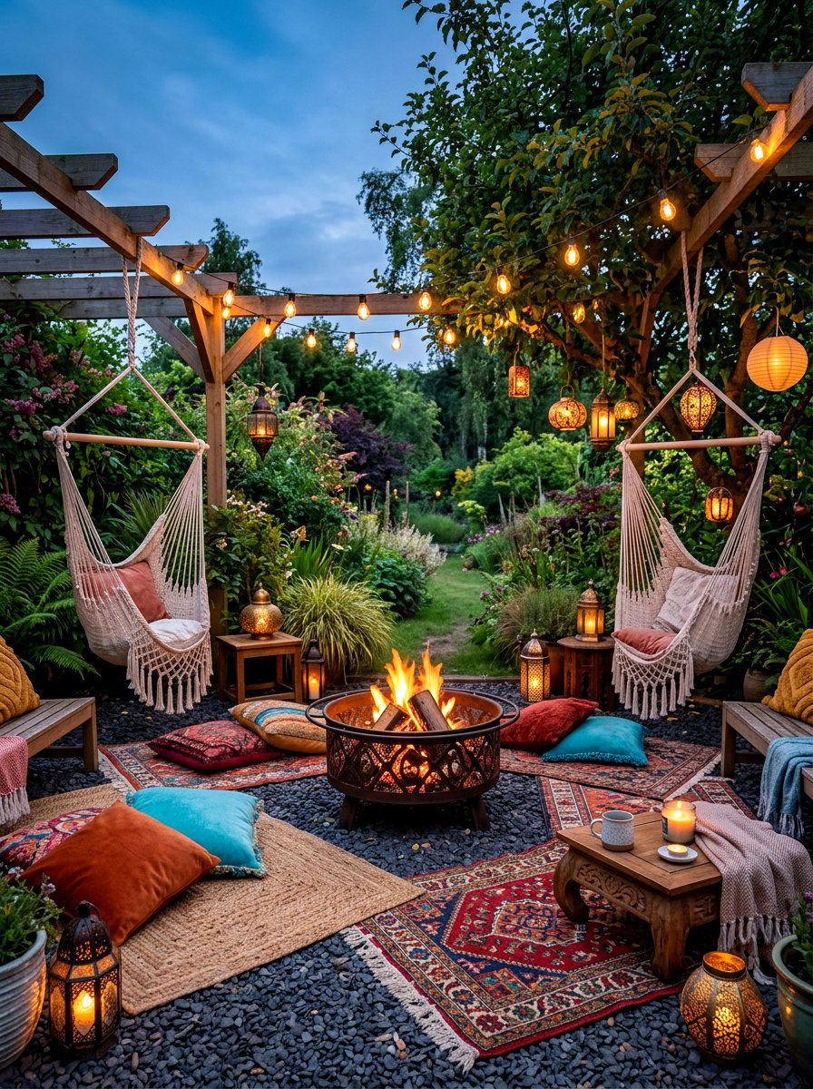 Boho Style Fire Pit - 30 fire pit gravel area ideas