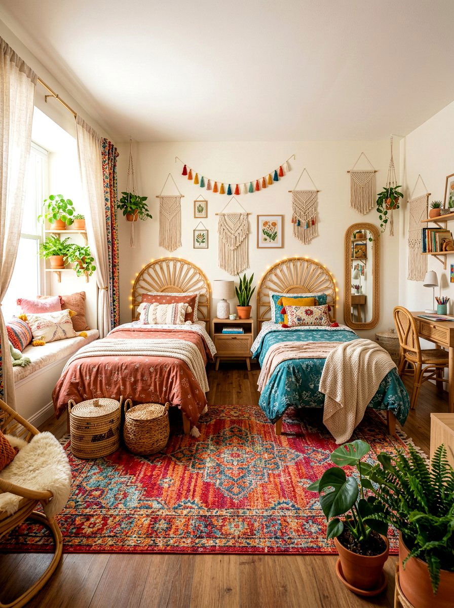 Boho Style Girls Room - 30 girls shared bedroom ideas